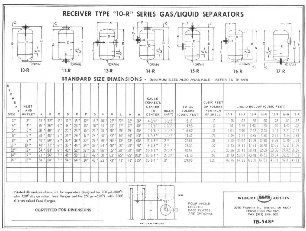 Wright-Austin Type R receiver gas liquid separator outline drawing